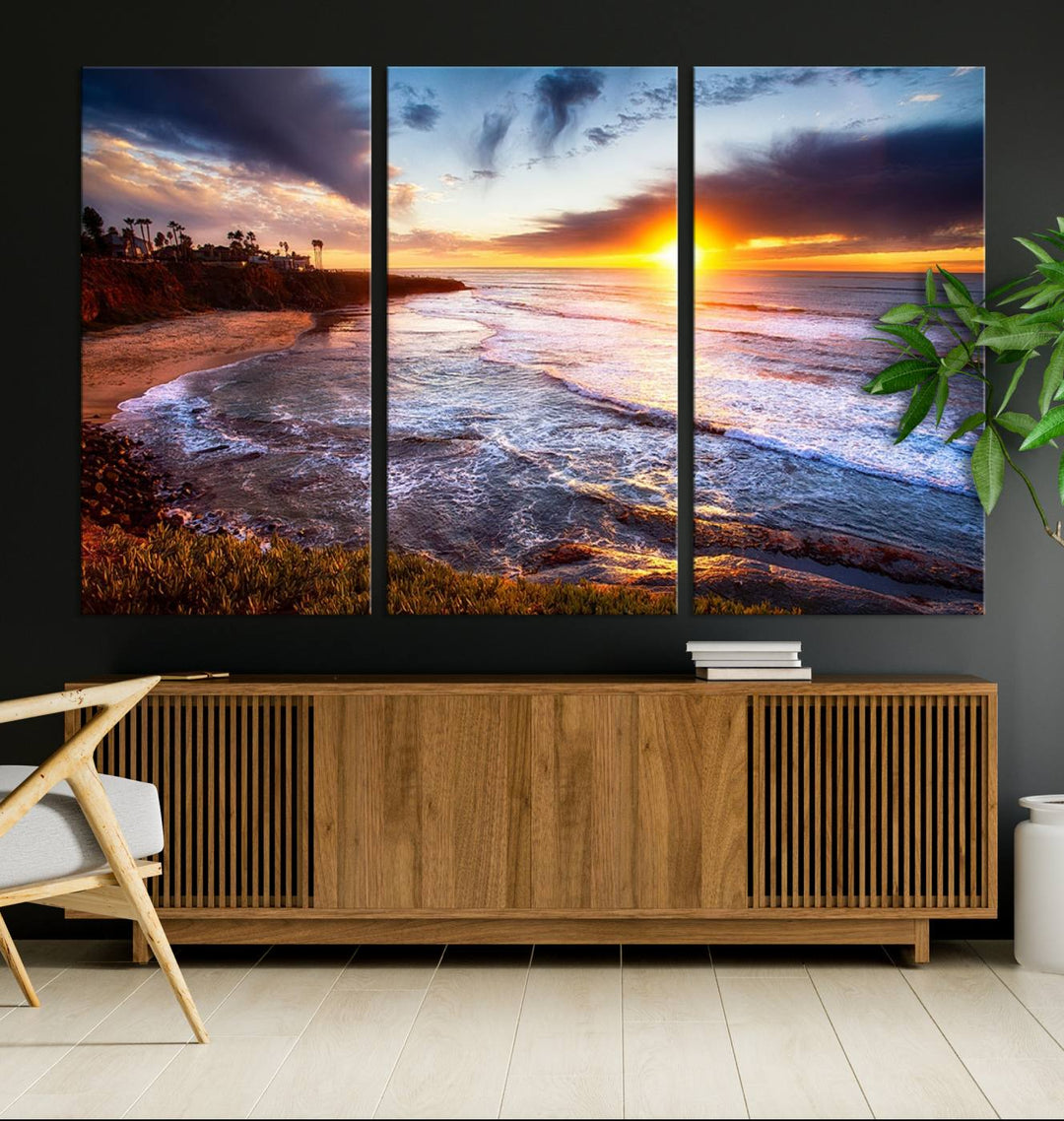 California Coastline Sunset Canvas Art, Ocean Waves Crashing on Cliffs, Giclee Canvas Print for Beach House Decor