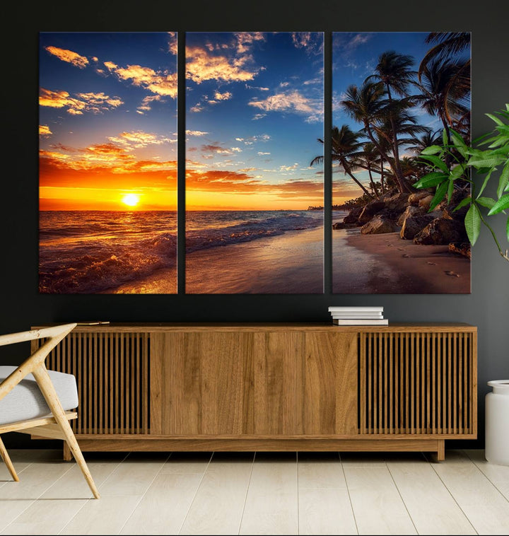 Tropical Beach Sunset Canvas Art, Palm Trees and Ocean Waves Wall Art, Giclee Print for Coastal Home Decor