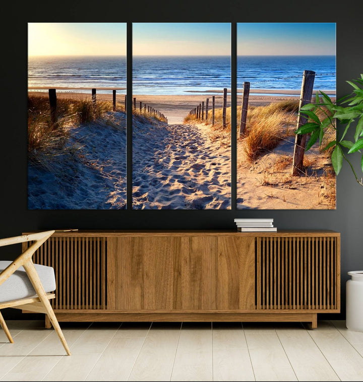 Tropical Beach Sunset Canvas Art, Ocean Waves and Sandy Shoreline Wall Art, Large Beach Decor for Coastal Homes