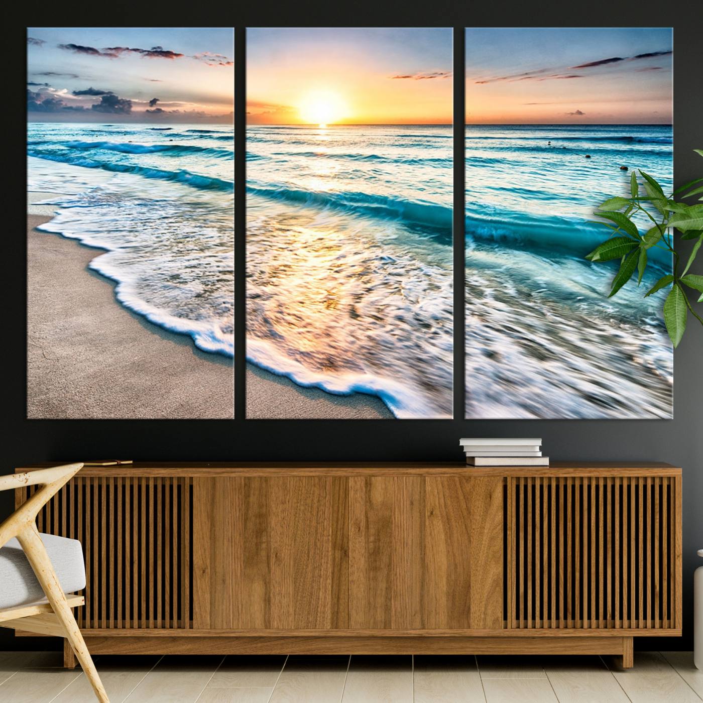 27815-MGV-CV-36X24-Sunset Beach Waves Canvas Wall Art – 5-Panel Ocean Sunset Print – Coastal Decor for Living Room or Bedroom – Ready to Hang