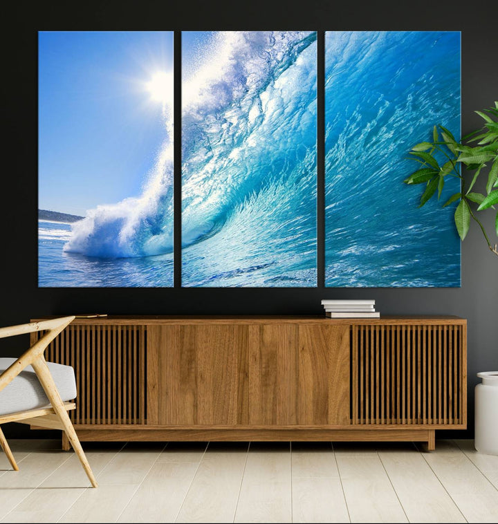 Blue Big Wave Surfing Ocean Canvas Wall Art Artwork Print , Surf Wall Art, Sea Wall Art