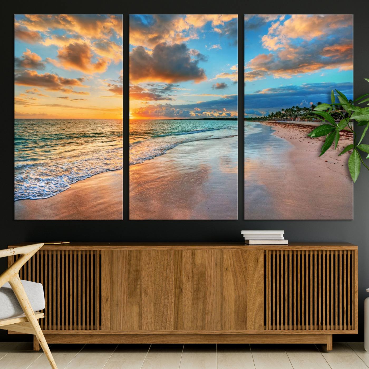 41572-MGV-CV-36X24-Sunset Beach Canvas Wall Art – Tropical Triptych Seascape Print – Coastal Ocean Decor for Living Room or Bedroom – Ready to Hang