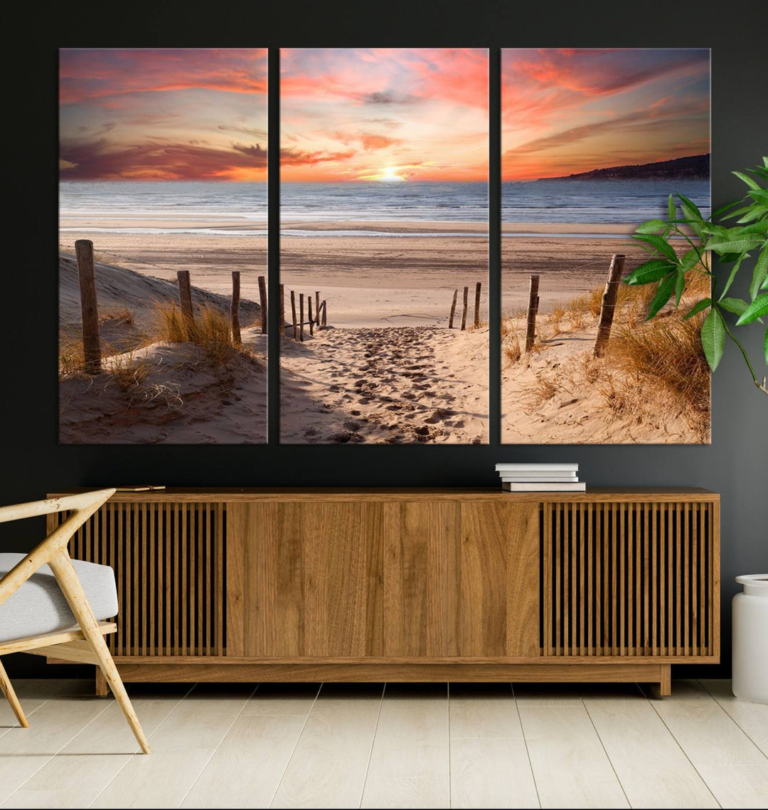 The Sunset on the Sea Wall Art Canvas Print beautifully captures a beach sunset and waves, enhanced with a UV-protective coating.