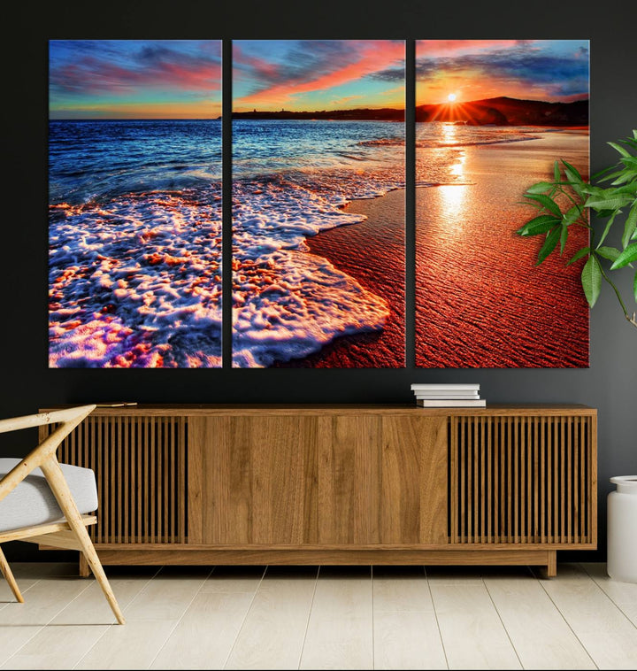 The Colorful Coastal Sunset on the Beach canvas print portrays ocean waves at dusk.