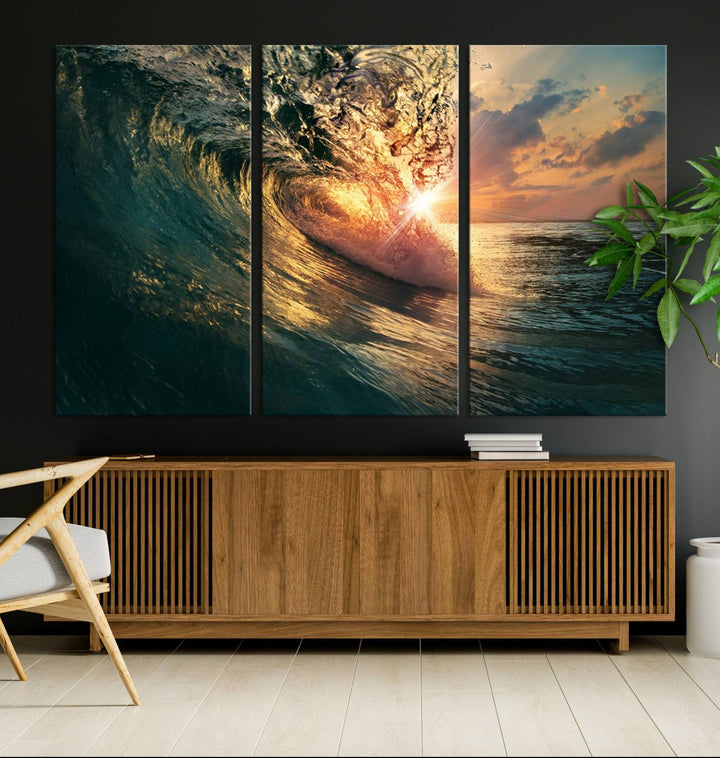 A triptych seascape titled Ocean Wave Sunset Canvas, featuring a stunning ocean view at sunset, is beautifully framed and ready to hang.