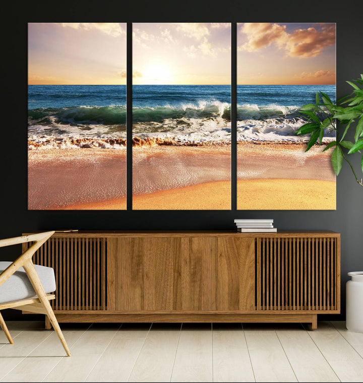 The wall features a Canon-quality Serene Beach Path canvas giclee print, depicting coastal dunes.