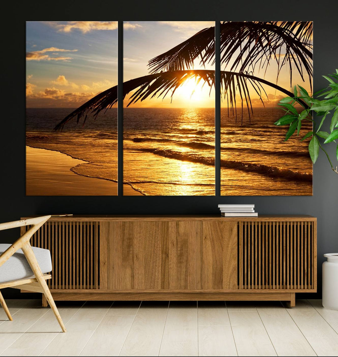 Golden Tropical Beach Sunset Canvas Triptych: Coastal Palm Art & Giclee Print with Gallery Wrap, capturing golden waves.