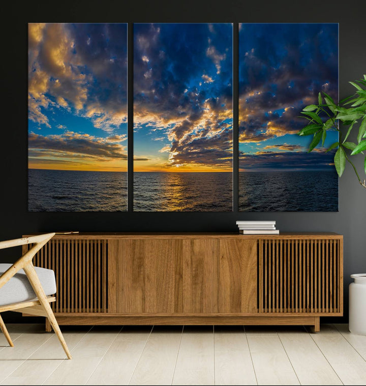 Dramatic Ocean Sunset Canvas Art, Panoramic Seascape Wall Art, Giclee Canvas Print with Canon Quality for Coastal Decor