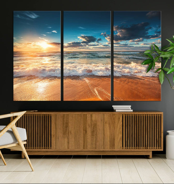 A Golden Sunset Beach Triptych Canvas Art hangs on a white wall.