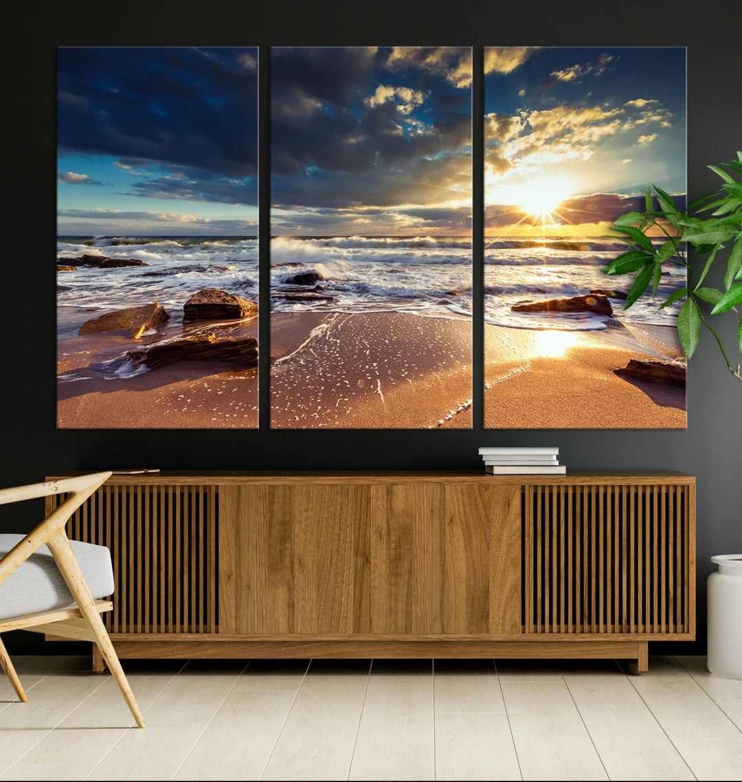 The Golden Hour Beach Sunset triptych adorns the wall with its captivating imagery.