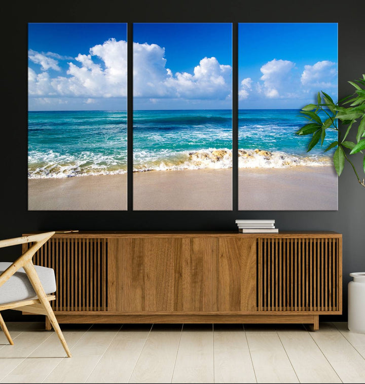 Tropical Beach 3-Panel Canvas Wall Art – Serene Ocean Waves and Blue Sky – Giclée Print for Living Room, Office, or Bedroom Coastal Decor