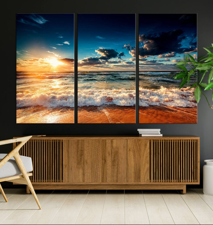 Golden Hour Sunset Over Ocean Waves Canvas: 3-Panel Coastal Landscape Art with Stunning Beach Photography Print.