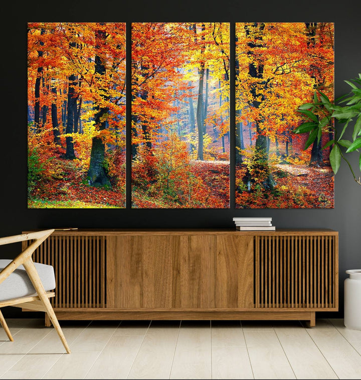 The room features an Autumn Red Forest Triptych Canvas Wall Art.