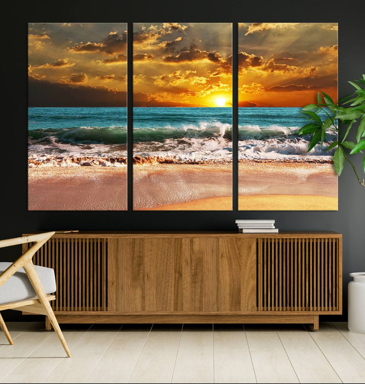 Golden Sunset Beach Canvas Triptych adorns the cozy room, creating a stunning focal point.