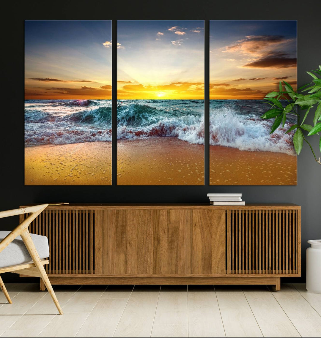 The kitchen features the Golden Sunset Ocean Waves multi-panel coastal wall art canvas.