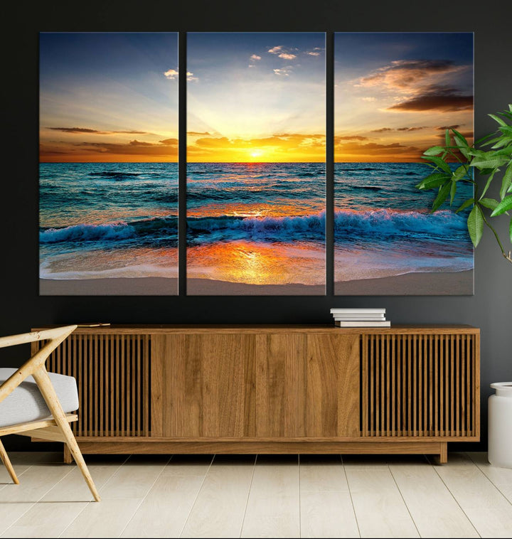 A kitchen dining area with coastal wall art.