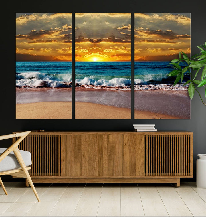 The Ocean Sunrise Over Golden Beach Waves wall art is prominently displayed, capturing the serene beauty of a beach at sunrise.