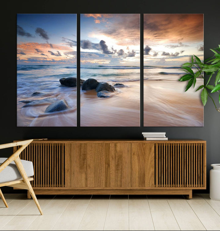 The Serene Weather On The Beach wall art canvas is ready to hang.