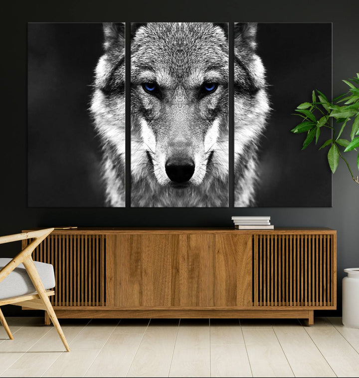 A ready-to-hang Black and White Wild Wolf Wall Art Canvas Print.