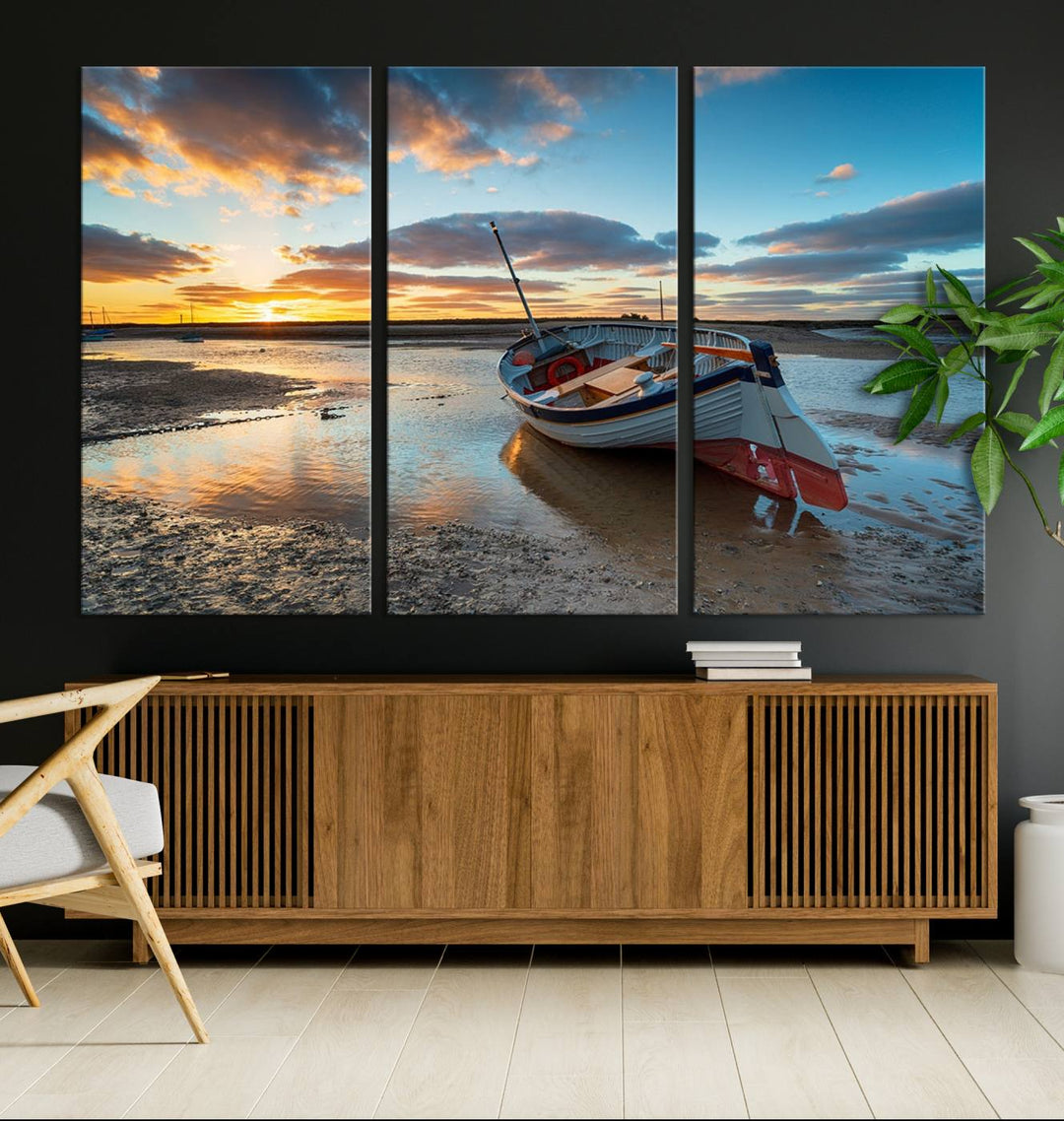 The Small Boat At The Beach Sunset wall art canvas print features UV coating, is museum-quality, and is ready to hang.