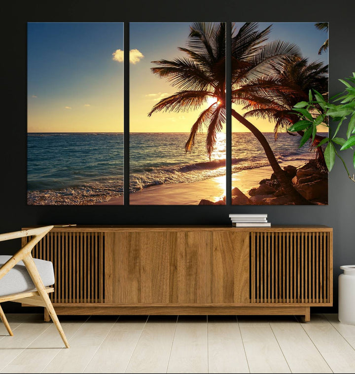 Sunset Palm Trees Wall Art Canvas Print: a serene beach scene on museum-quality canvas.