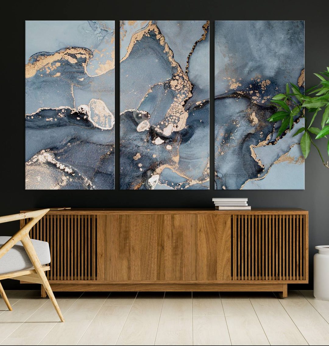 A Multipanel Marble Fluid Effect Canvas Print hangs prominently on the wall.