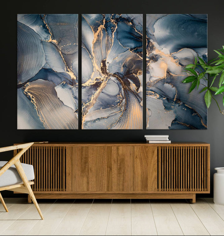 Abstract wall art canvas print is displayed prominently, adding a modern touch to the decor.