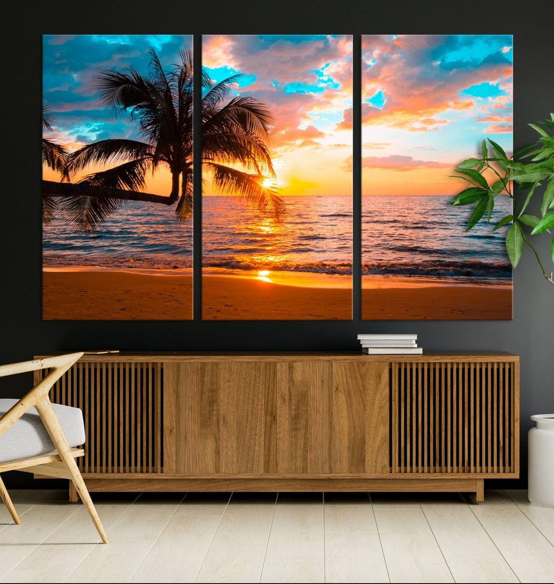 The Palm Tree Sunset On The Beach ready-to-hang canvas wall art—museum quality—brings a serene atmosphere to the room.