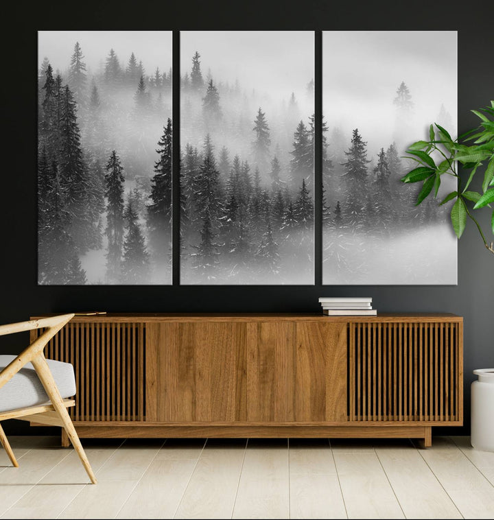 A stunning Foggy Misty Forest Canvas Wall Art adorns the kitchen wall.