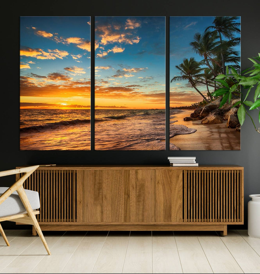 A stunning beach sunset on a museum-quality Sunset Wall Art Canvas Print adorns the kitchen wall.