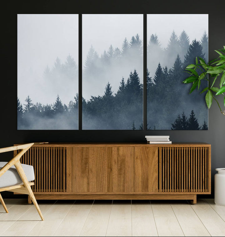 A large Foggy Pine Forest Wall Art Canvas Print.