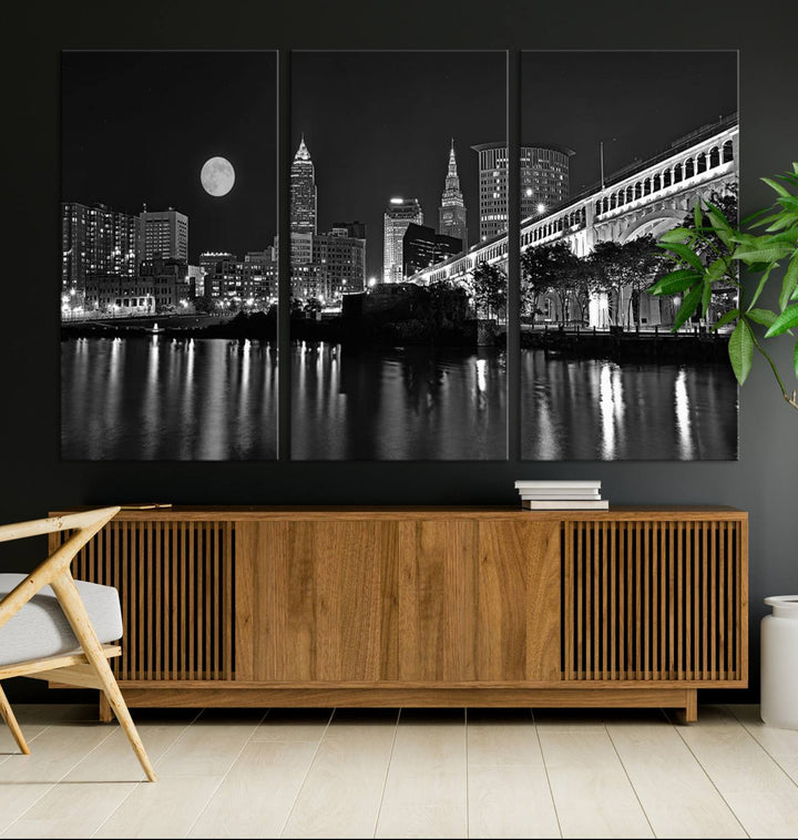 Cleveland Night Skyline Canvas Print: A museum-quality piece, ready to hang, featuring a stunning full moon and its reflections below.