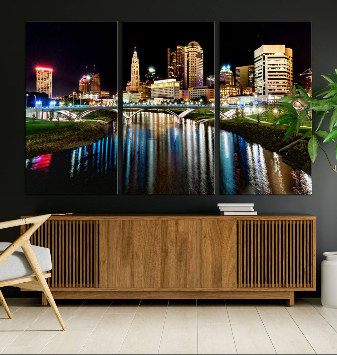 The Columbus City Lights Night Skyline Wall Art Canvas Print adorns the wall.