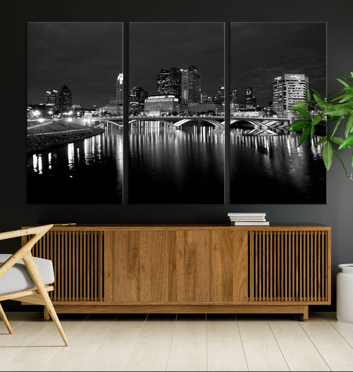 Columbus City Lights Skyline canvas print in black and white, featuring museum-quality craftsmanship and free shipping.