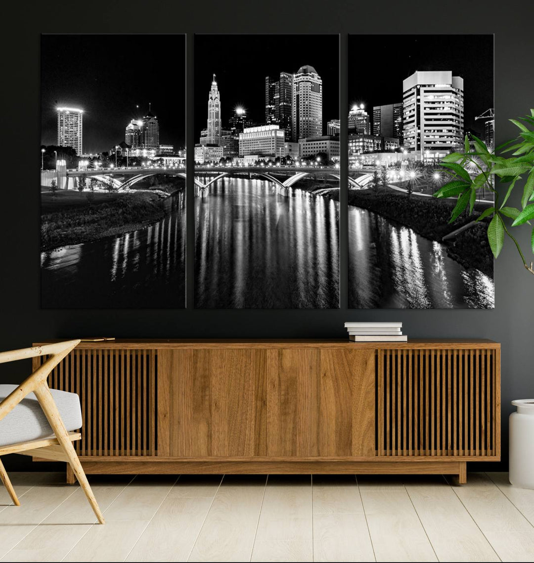 Columbus City Lights Skyline Black and White Canvas with UV coating.