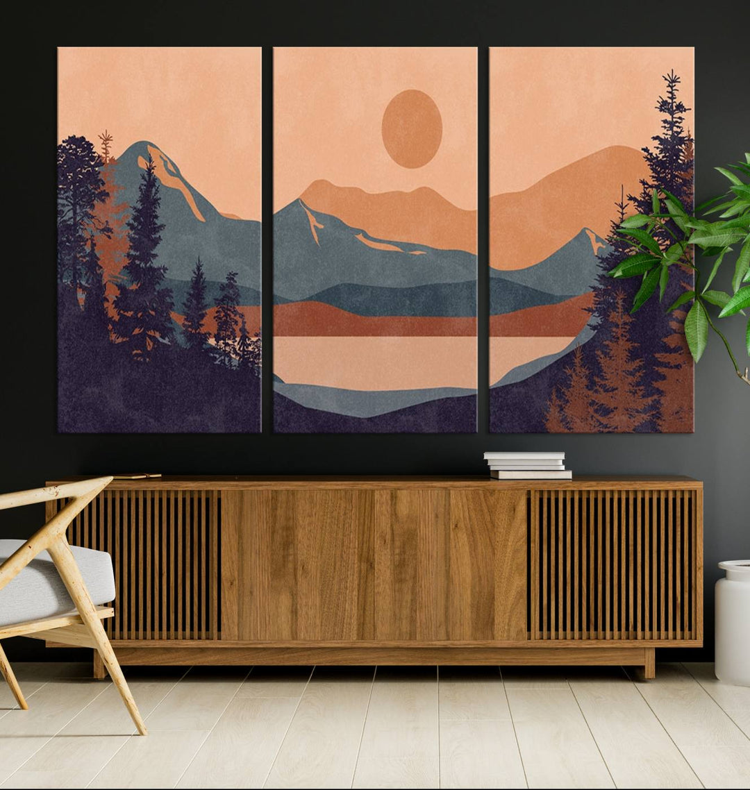 The Modern Boho Sunset Triptych displays a mountain sunset.