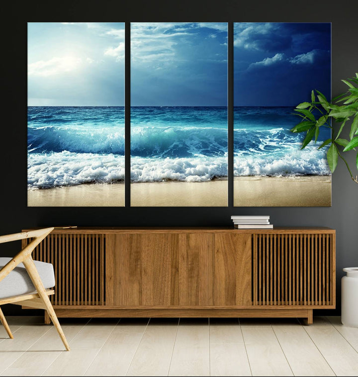 The Majestic Ocean Wave Wall Art Canvas, a 3-panel seascape print, is featured prominently.