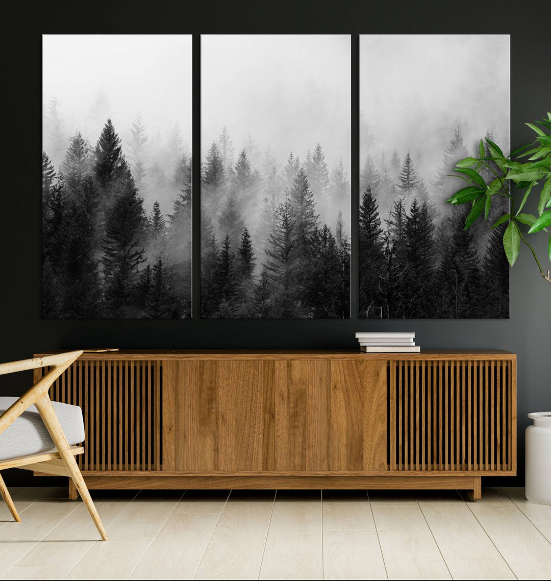 Fogy Forest Canvas Art features misty pines and a mountain landscape.