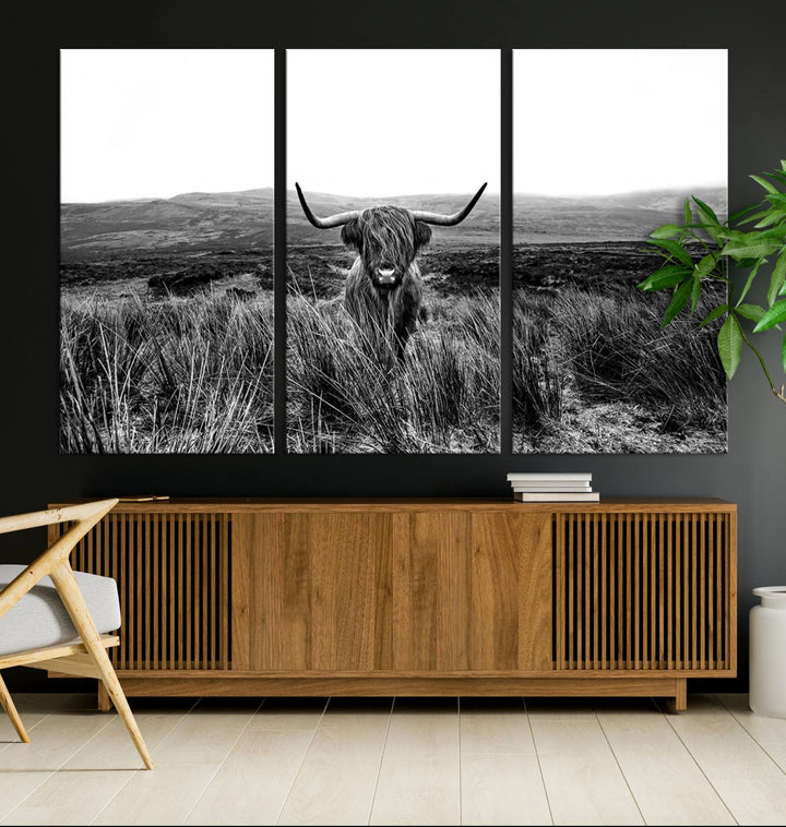 Dining room featuring a Black and White Highland Cow Canvas for a Western-themed decor.