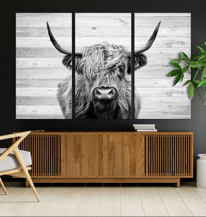 Scottish Highland Cow Cattle Art adds rustic farmhouse charm to the space.