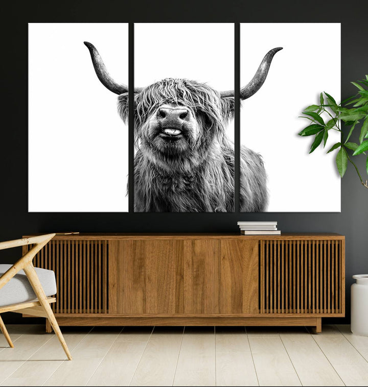 The Fanny Highland Cow art print decorates the modern kitchen, featured in black and white.