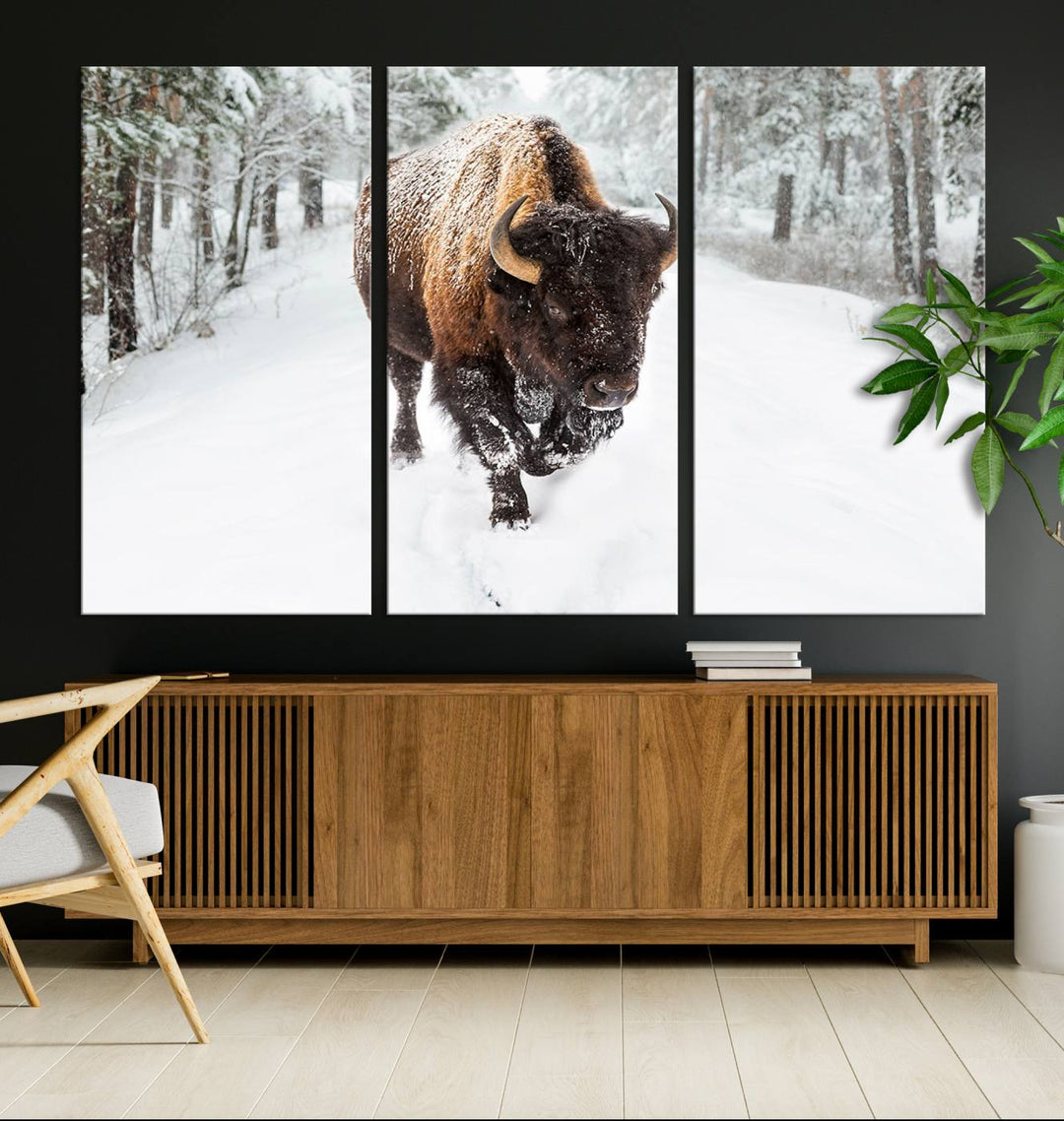 The dining area showcases the Bison Wall Art Canvas Print for Farmhouse.