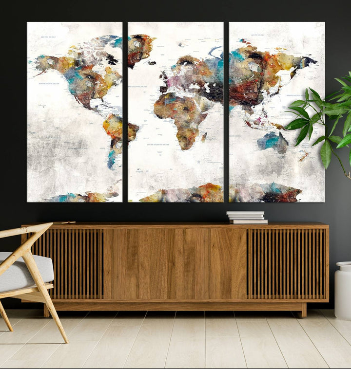 The Colorful World Map Wall Art Canvas Print adds vibrance to the space, ideal for geography lovers.