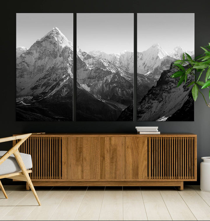 Everest Himalaya Mountain Peaks Black & White Triptych Canvas Art – Mountain Wall Decor for Minimalist Interiors