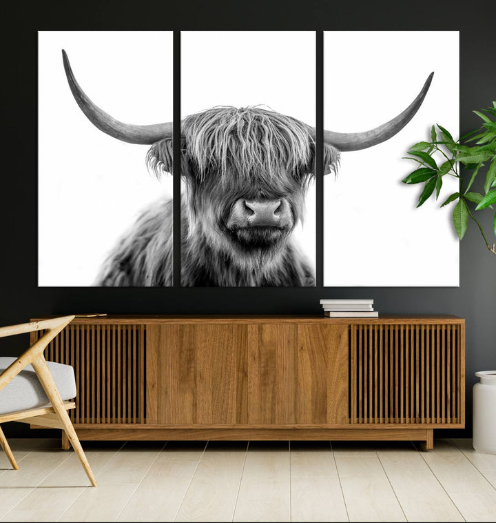 A Scottish Highland Cow Art Canvas adds charm to the farmhouse decor.