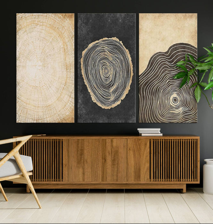 Tree Rings Canvas Wall Art Print hangs prominently in a modern kitchen.