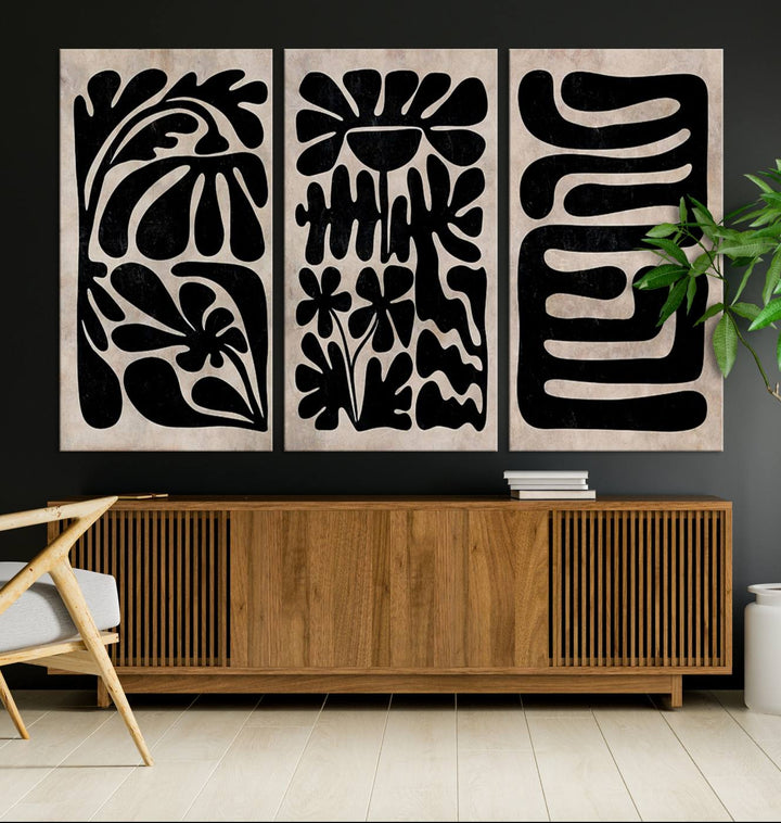 Canvas Print Wall Art Abstract Illustrs Art Boho features bold black patterns on a light background.