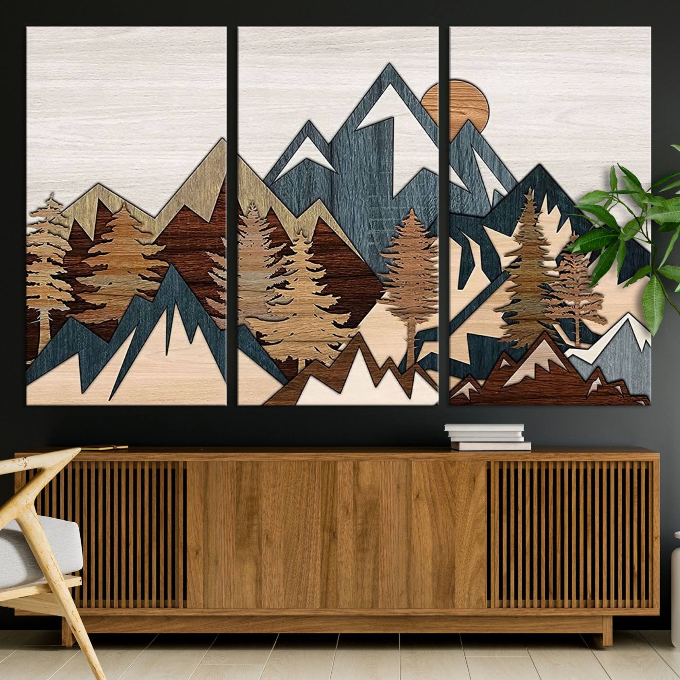 67950-MGV-CV-36X24-Rustic Abstract Wood Panel Effect Canvas Mountain Range Top Wood Wall Art Canvas Print