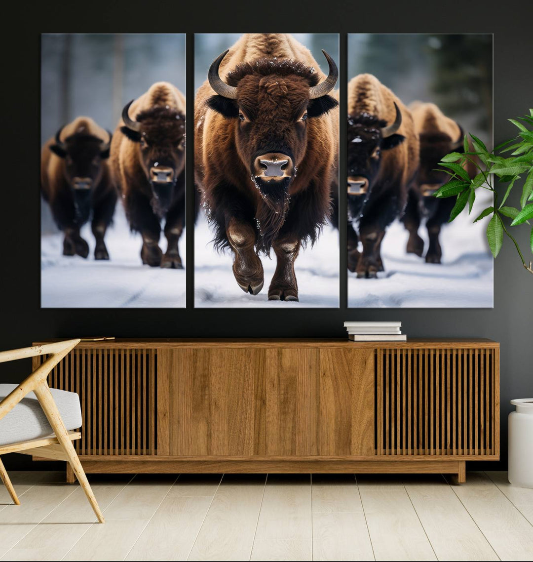 The dining room features an American Bison Herd Canvas Print against the snow.