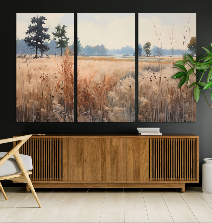 The Golden Fields Canvas Art Print, depicting a serene landscape, adds tranquility with its presence.